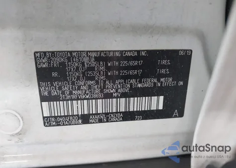 2019 Toyota Rav4 Le z USA, uszkodzony, nr VIN 2T3H1RFV6KW038693